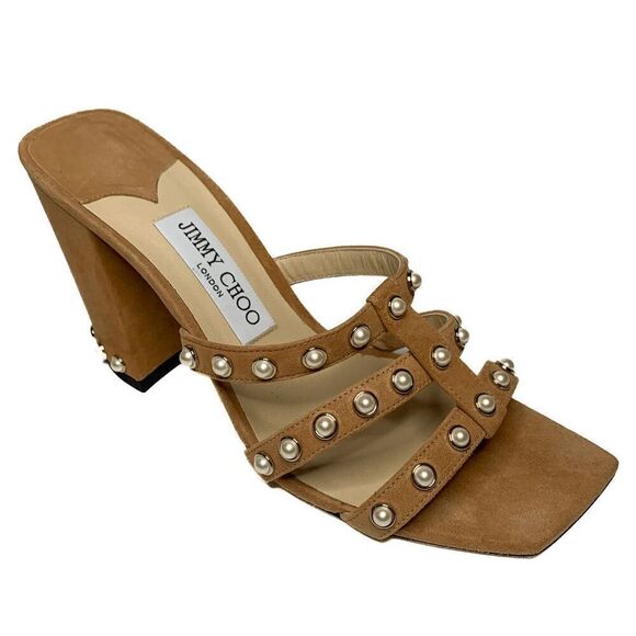 Jimmy Choo Hazal 85 Tan Suede Pearl Studded Heel Mule Slip On Sandal EU 39 US 9 - Picture 1 of 9